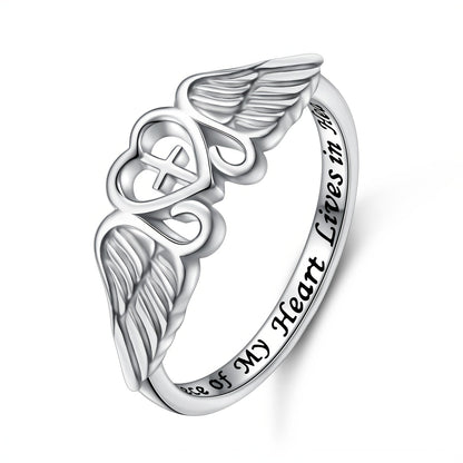S925 Sterling Silver Angel Wing Memorial Ring – A Piece of My Heart Lives in Heaven, Rhodium Plated, Sympathy Gift for Loss of Mom Dad Grandma Grandpa Daughter Son, Sizes 5-10