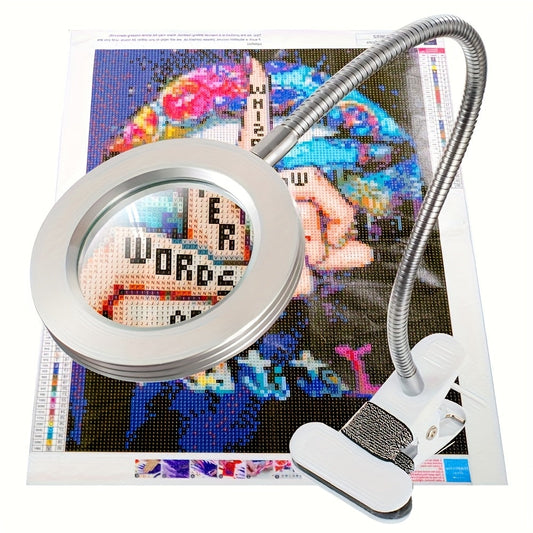 Diamond Painting Magnifier LED Clamp Lamp 10X Hands-Free – USB 5V, 3 Color Modes, 10 Brightness Levels, 18'' Flexible Gooseneck, Clamp Desk Light for Crafts Sewing Jewelry Embroidery Reading