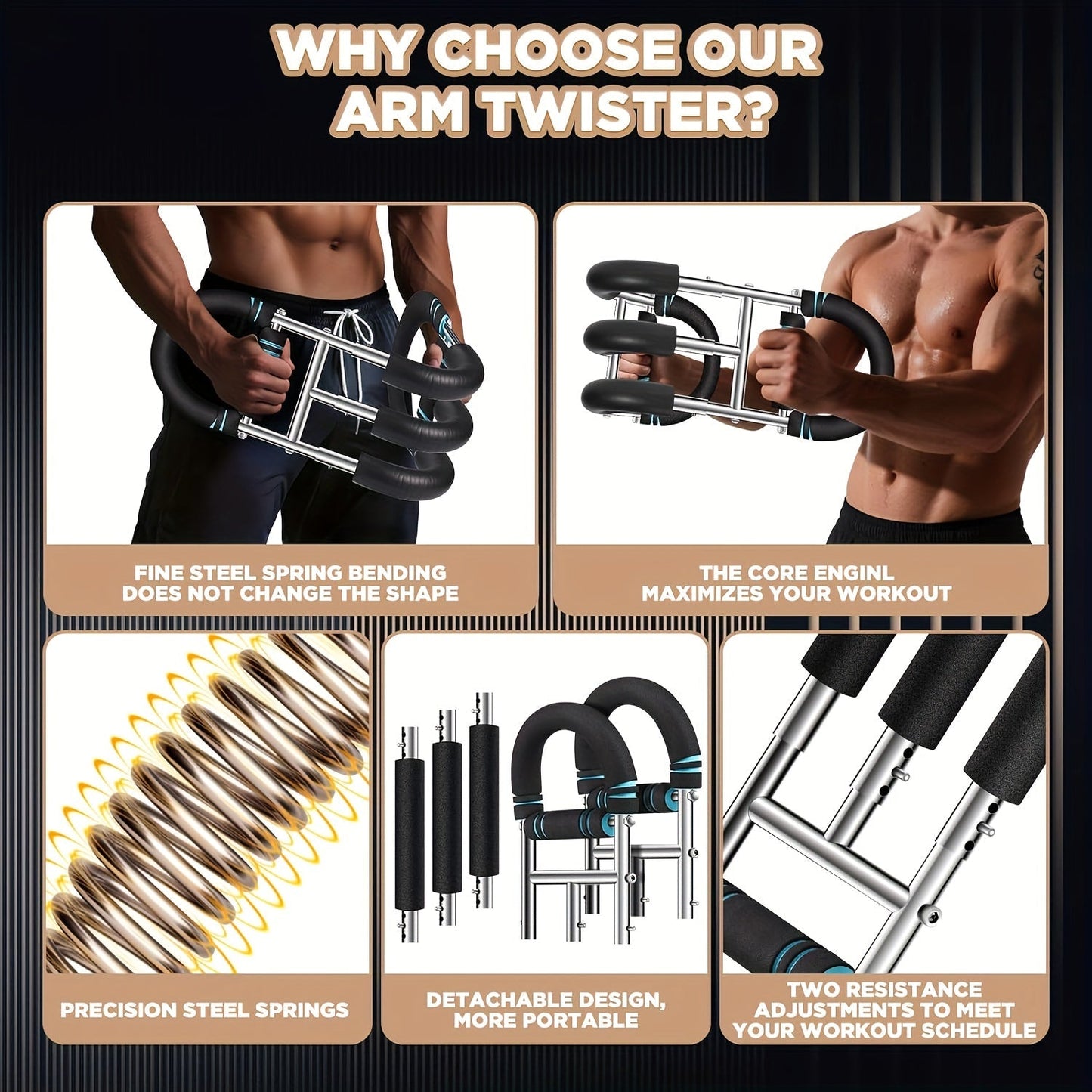 Arm Strength Trainer Chest Expander 3-Bar 3-Level Adjustable Resistance Tubes Portable Detachable Forearm Strengthener Home Gym Workout Device for Muscle Building Upper Body Training