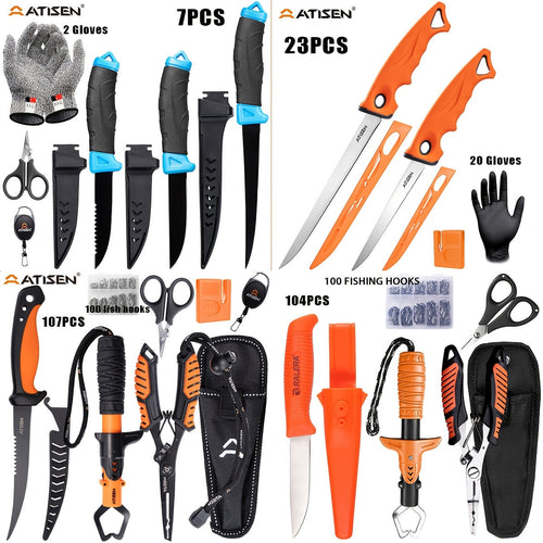 Fishing Knife Set 7/23/104/107 Piece – Stainless Steel Fillet Boning & Gutting Knives with Line Cutter, Camping Cutting Carving Tool Kit, Perfect Fisherman Gift for Men