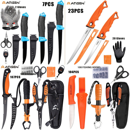Fishing Knife Set 7/23/104/107 Piece – Stainless Steel Fillet Boning & Gutting Knives with Line Cutter, Camping Cutting Carving Tool Kit, Perfect Fisherman Gift for Men
