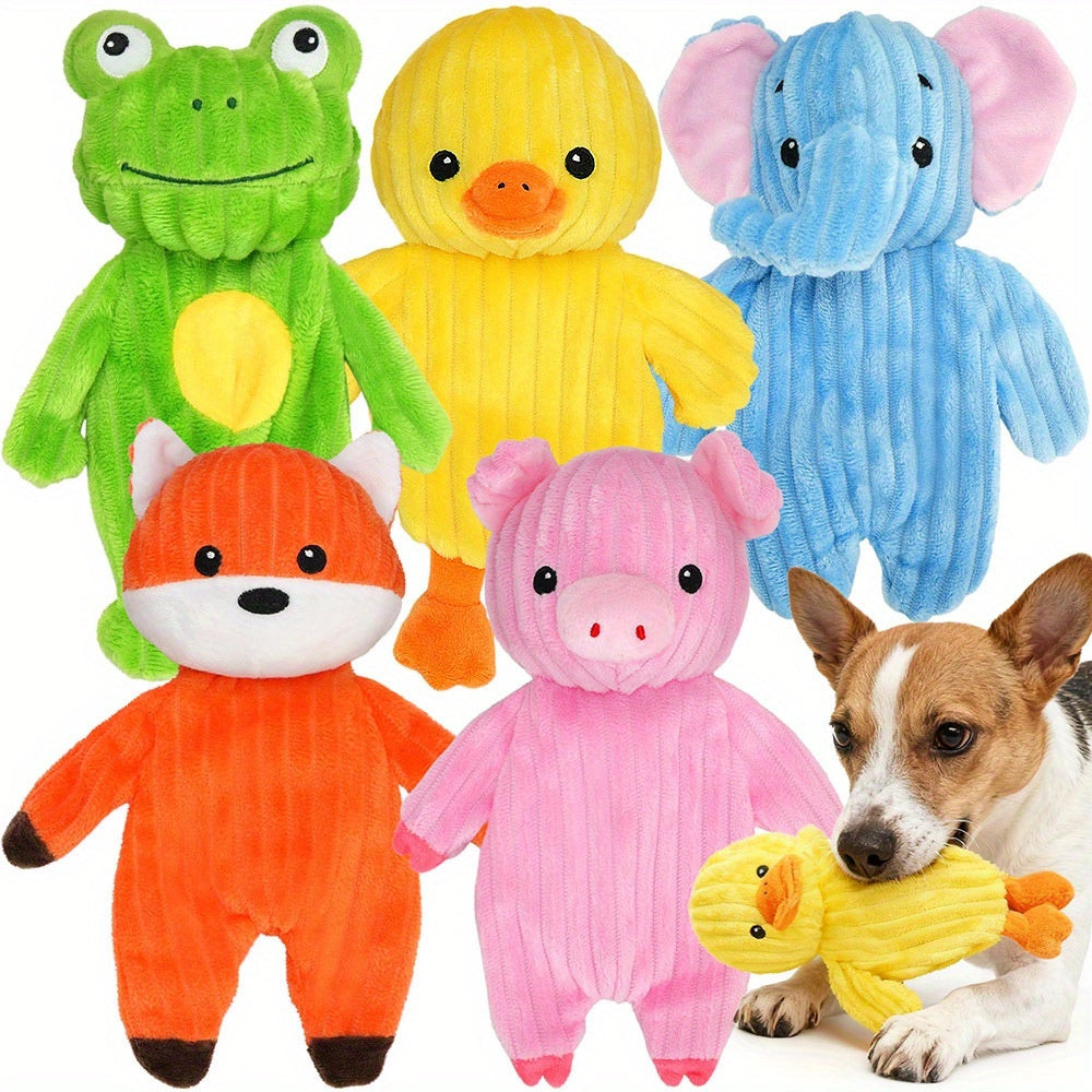 Plush Dog Squeaky Toys 5-Pack Bundle – Washable Stuffed Animal Chew Toys for Small Medium Large Dogs, Embroidered Safety Eyes, Animal Designs (Pig, Frog, Elephant, Chicken, Fox)