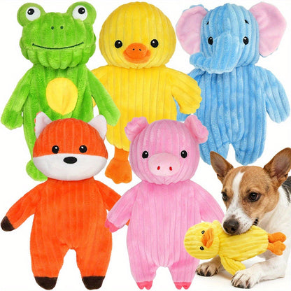 Plush Dog Squeaky Toys 5-Pack Bundle – Washable Stuffed Animal Chew Toys for Small Medium Large Dogs, Embroidered Safety Eyes, Animal Designs (Pig, Frog, Elephant, Chicken, Fox)