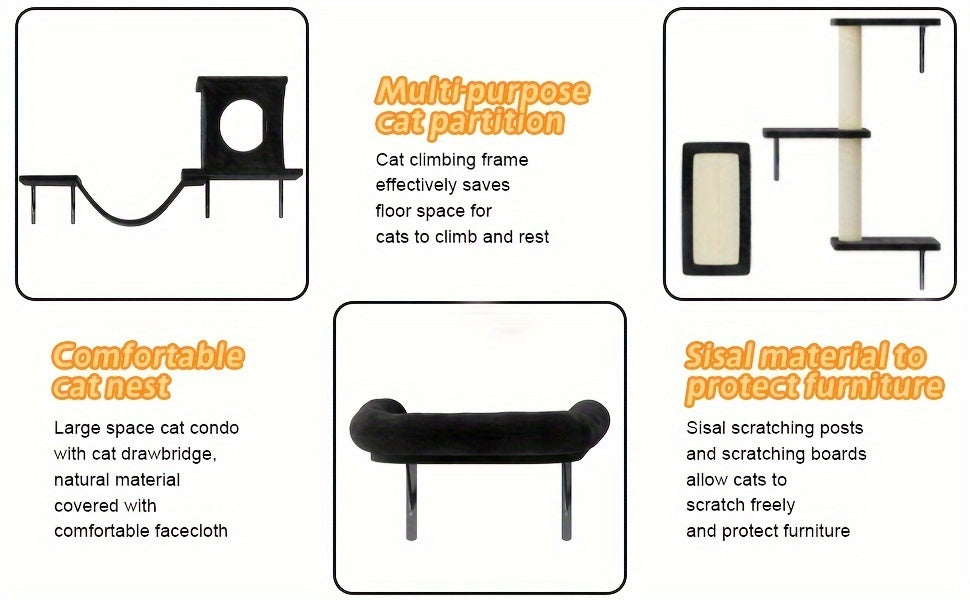Wall Mounted Cat Climbing Shelf Set 7-Piece – Deluxe Indoor Cat Furniture with Condo, Shelves, Scratching Post, Bridge Ladder & Tunnel for All Cat Sizes