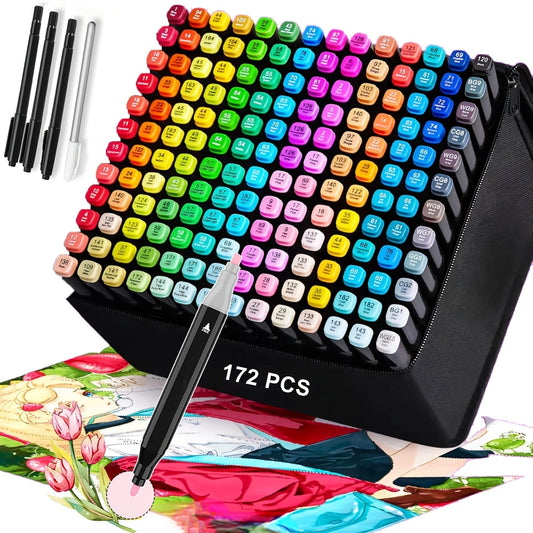 172pcs Artist Markers Pens Set Dual Tips Chisel & Fine Sketch Art Markers for Adult Drawing Coloring Painting Blending Sketching Greeting Cards Art Supplies Kit Gift for Artists