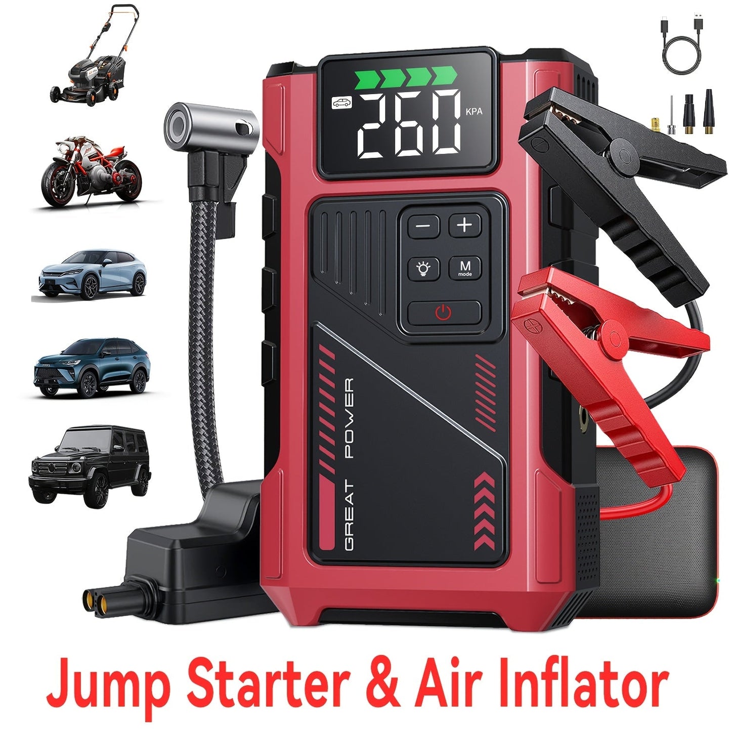 9-in-1 Portable Jump Starter with Air Compressor for 12V Car Up to 8.0L Gas 6.5L Diesel – Battery Booster Pack with Tire Inflator, USB Power Bank, LED Emergency Light & Roadside Kit