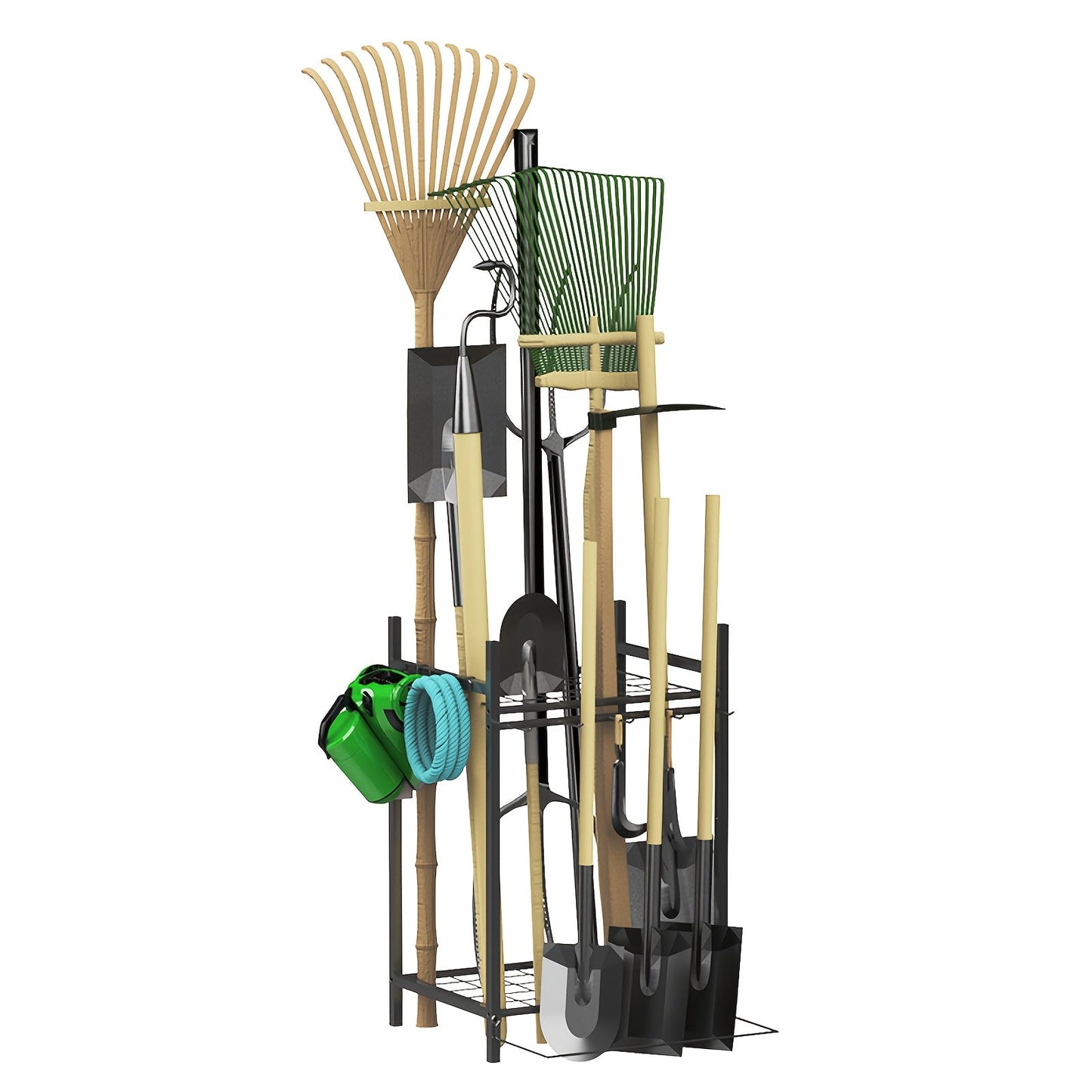 Garden Tool Organizer for Garage Heavy Duty Metal Rack with Hooks – Freestanding Yard Tool Stand Holder for Long-Handled Brooms, Shovels, Rakes & Outdoor Tools, Black Storage Rack