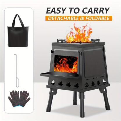 Portable Wood Burning Camp Stove – Compact Foldable Backpacking Stove for Hiking, Camping, Picnic & BBQ, No Fuel Canisters Needed, Smokestack Option, Black Green or Stainless Steel