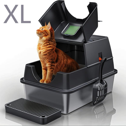 XL Stainless Steel Enclosed Cat Litter Box with Flip Top Lid & High Sidewalls – 3-in-1 Anti-Scatter Metal Litter Pan for Large Cats & Multi-Cat Households