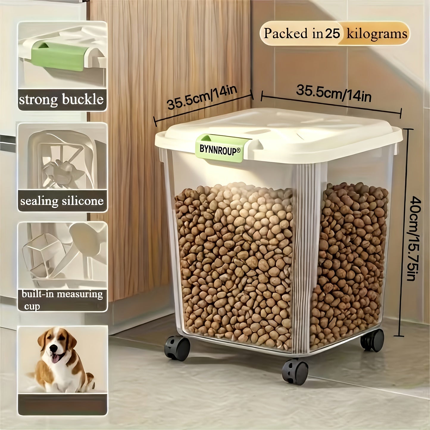 Pet Food Storage Container with Locking Lid & Scoop – Moisture-Proof Airtight Bin 6-55 lbs, Optional Wheels & Cute Sticker, Large Capacity for Cat & Dog Food Grains Flour