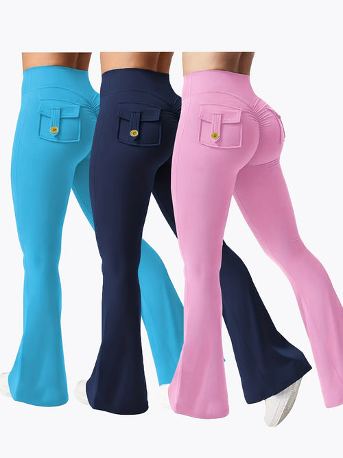 Women's 3-Piece High Waist Flare Yoga Pants Set with Belt and Pockets, Scrunch Butt Lifting Squat Proof 90% Polyester Stretchy Flared Leggings for Workout Gym Running Casual Wear