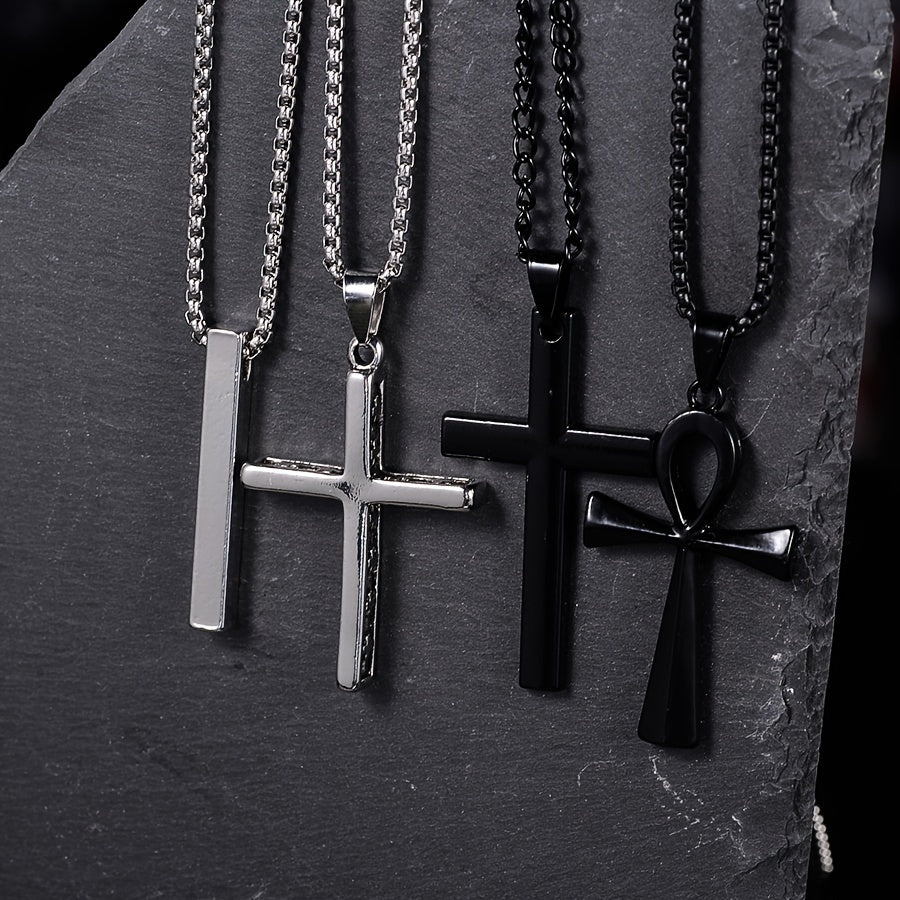 8 Pcs Men's Punk Black Necklace Set – Stainless Steel Cross Pendant Chains, Gothic Streetwear Jewelry, Cool Layering Necklaces for Men, Mixed Style Gift Set