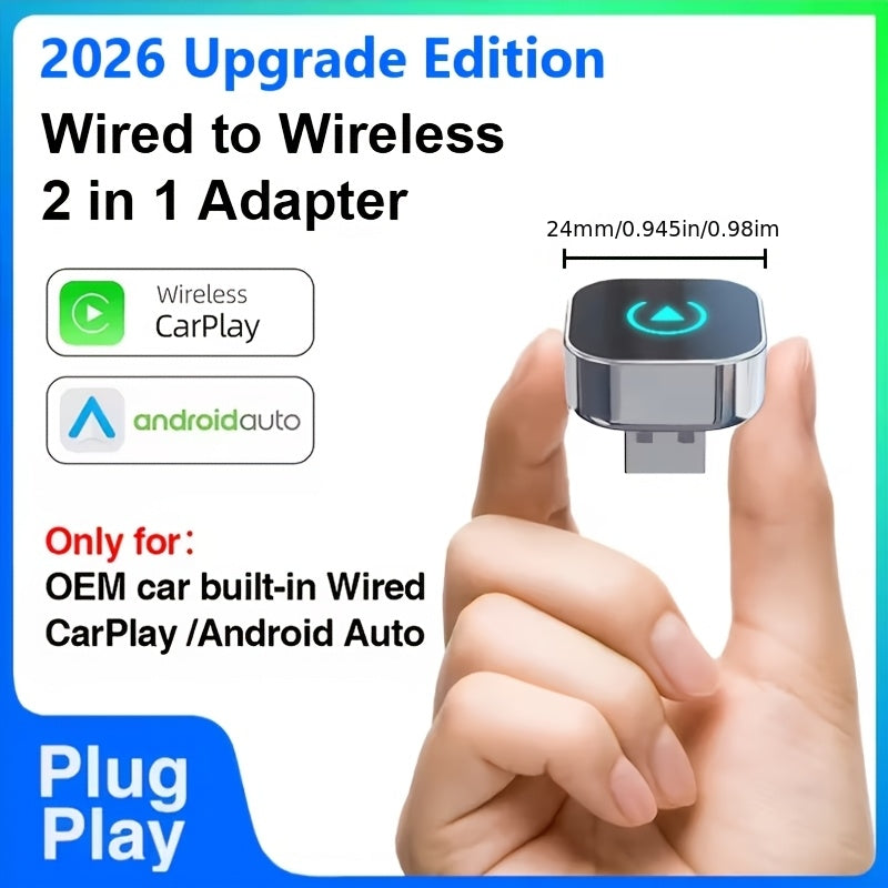 Wireless CarPlay Adapter 2026 Upgraded Mini Dongle – 2-in-1 iPhone & Android Auto, Convert Wired to Wireless, USB-A & USB-C, Dual-Band Low Latency, Auto Connect, FCC Certified