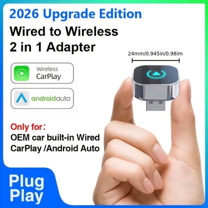 Wireless CarPlay Adapter 2026 Upgraded Mini Dongle – 2-in-1 iPhone & Android Auto, Convert Wired to Wireless, USB-A & USB-C, Dual-Band Low Latency, Auto Connect, FCC Certified