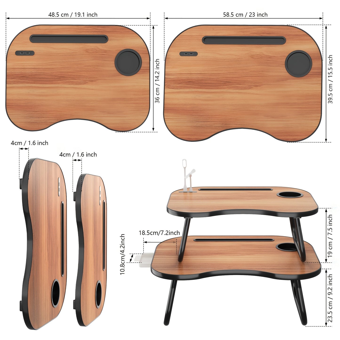 Lap Desk for Laptop with USB Port Storage Drawer & Cup Holder – Walnut Wood Bed Tray Table for Eating Writing Sofa Couch Adults Students