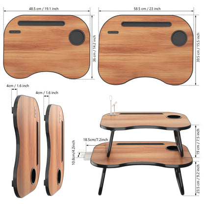 Lap Desk for Laptop with USB Port Storage Drawer & Cup Holder – Walnut Wood Bed Tray Table for Eating Writing Sofa Couch Adults Students