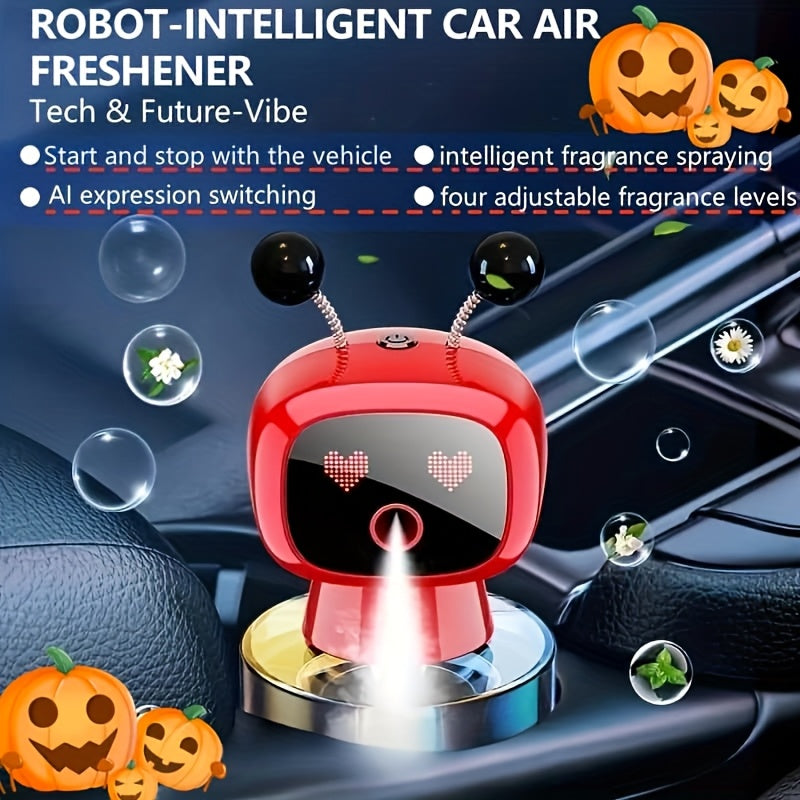 Robot Smart Car Air Freshener USB Rechargeable Auto Spray AI Expression Display 4 Scent Levels – Automatic Fragrance Diffuser Car Decoration Gift Black Blue Red Green