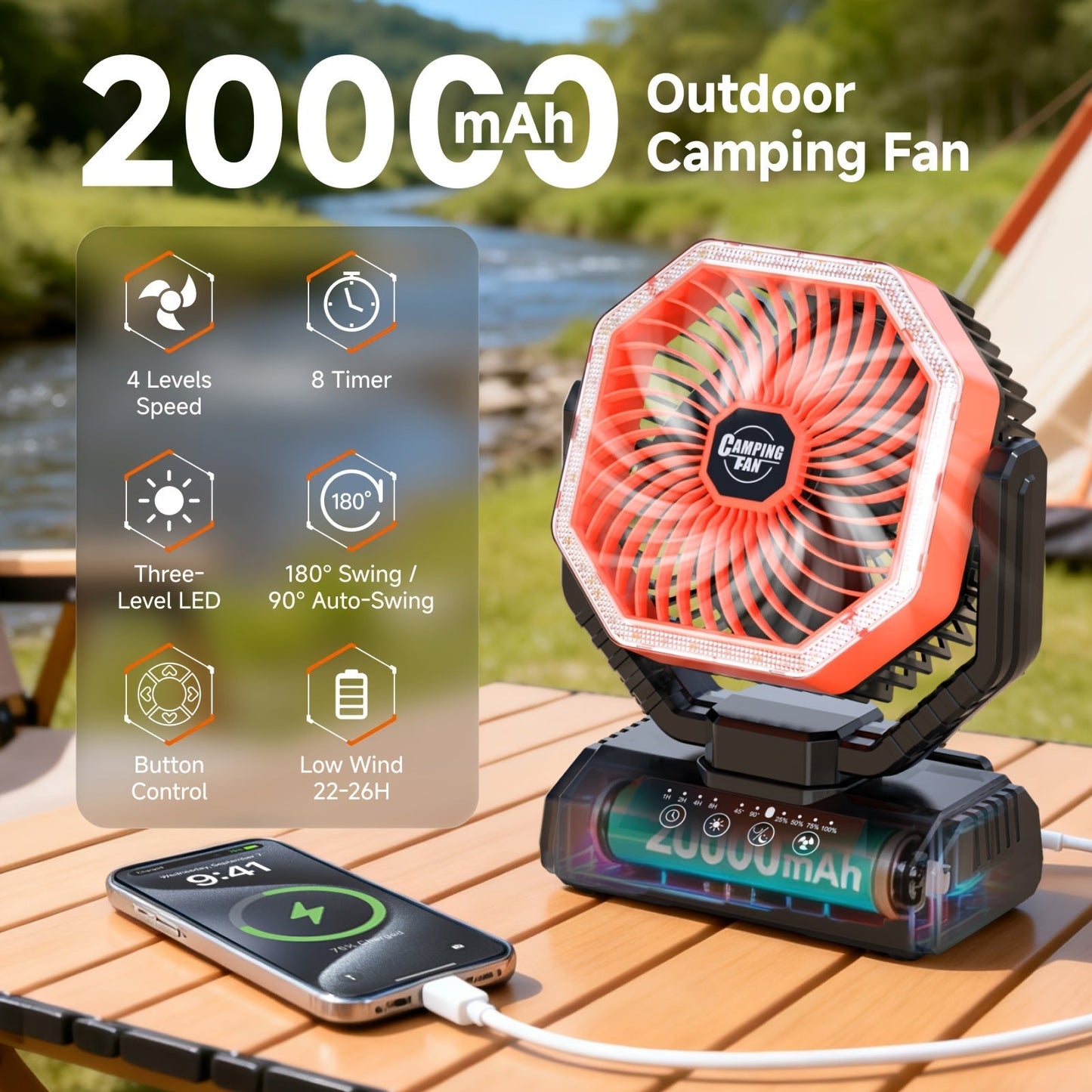 20000mAh Camping Fan with LED Light & Remote Control – 4-Speed Brushless Motor, 180° Oscillating Portable Outdoor Fan, 22-26 Hour Battery Life, 40 LEDs, Timer – for Camping, Hiking, Tent, Emergency & Home Use
