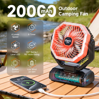 20000mAh Camping Fan with LED Light & Remote Control – 4-Speed Brushless Motor, 180° Oscillating Portable Outdoor Fan, 22-26 Hour Battery Life, 40 LEDs, Timer – for Camping, Hiking, Tent, Emergency & Home Use