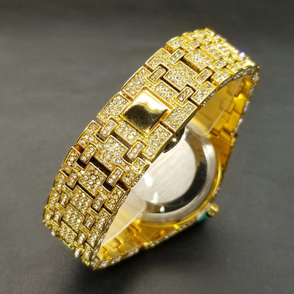 MISS FOX Glam Quartz Watch – Hip Hop Cuban Link, Rhinestone Accents, Luminous Calendar, Alloy Band, Unisex Luxury Fashion Watch for Men & Women, Silver & Gold