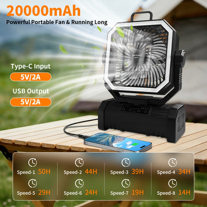 20000mAh Portable Camping Fan with Remote Control, LED Lights, 4 Speeds & 360° Rotation – Rechargeable Battery Operated Oscillating Tent Fan for Outdoor Camping, RV & Travel