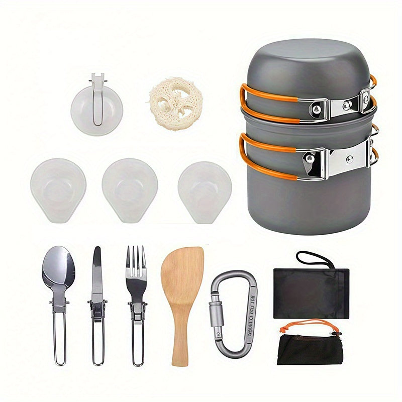 304 Stainless Steel Camping Cookware Set with Foldable Storage – Durable Compact Pot with Knives & Forks Utensils for Outdoor Backpacking Hiking Picnics & Camping, Green & Orange, Lightweight Camp Kitchen Kit