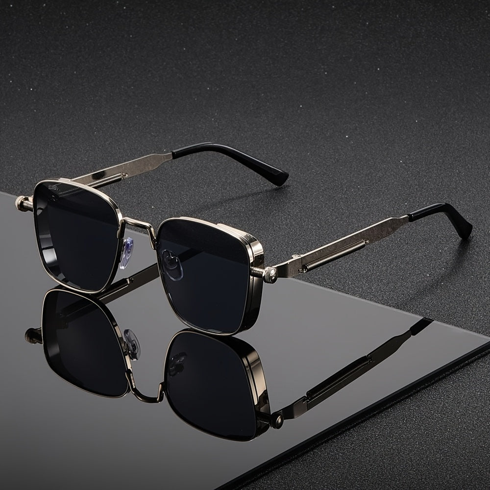 Retro Steampunk Square Sunglasses for Men & Women – Vintage Metal Frame Gradient Green Lenses UV400 Protection, Party Streetwear Festival Eyewear with Case & Cloth, Unique Gift Idea
