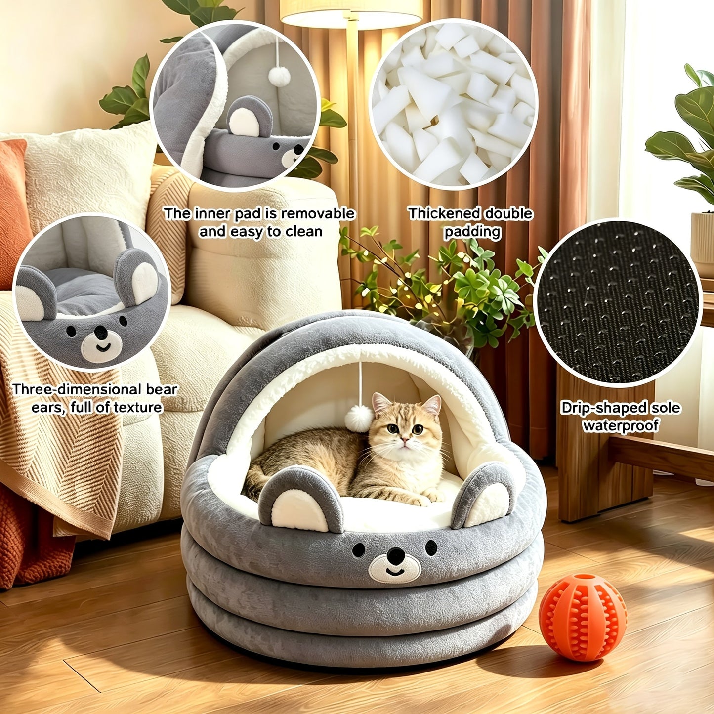 Round Plush Cat Bed & Pet Mat for Cats and Small Dogs – Large Circular Donut Design, Soft Comfortable All-Season Sleeping Pad, S M L Sizes, Includes Bonus Toy Balls, Cozy Cat Nap Cushion