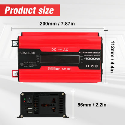 4000W Car Power Inverter DC 12V to AC 110V with LCD Display, Cooling Fan and Overload Protection - Portable 800W Rated Converter for Road Trips, Camping, Outdoors and Emergency Kits