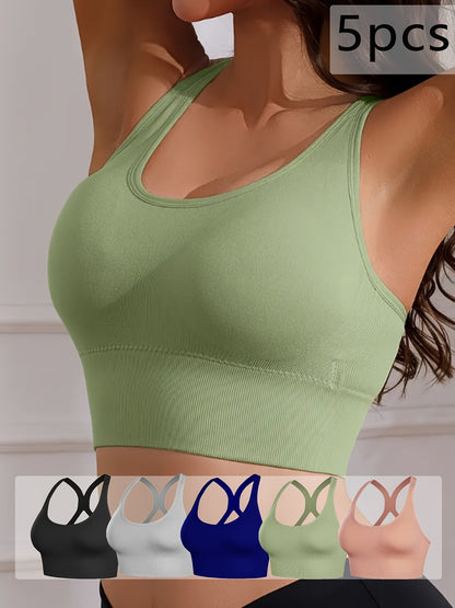 Women's X-Back Sports Bra 5-Pack – Wire-Free with Removable Pads, Breathable Workout Top for Yoga, Gym & Outdoor Activities, Adjustable Straps, Sizes M-XXL, 10 Colors Available