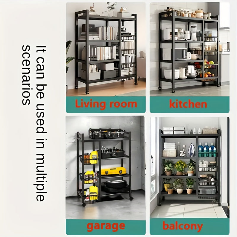 4-Tier Rolling Storage Rack with Wire Baskets & Wheels – Adjustable Metal Shelf for Kitchen Pantry Garage Bathroom Closet, Movable Standing Organizer, Housewarming Gift
