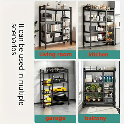 4-Tier Rolling Storage Rack with Wire Baskets & Wheels – Adjustable Metal Shelf for Kitchen Pantry Garage Bathroom Closet, Movable Standing Organizer, Housewarming Gift