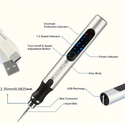 Cordless Rotary Tool Rechargeable Engraving Pen Adjustable Speed Electric Carving Pen for Wood Engraving Sanding Polishing Etching Grinding Cutting DIY Crafts Portable Handheld Hobby Tool