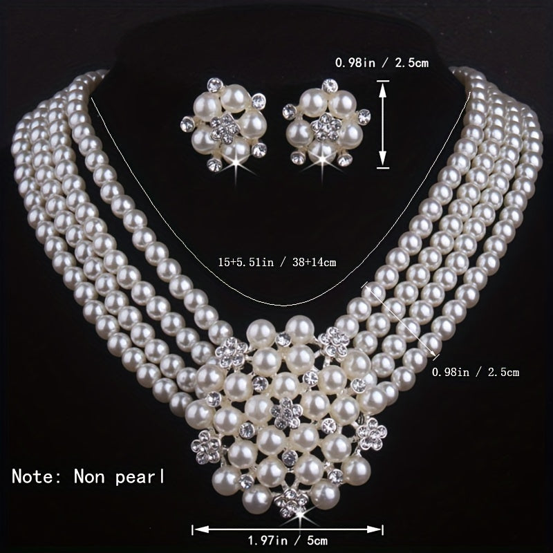 Milky White 4-Row Bead Necklace and Earring Set for Women – Layered Flower Pearl Style Silver Plated Jewelry Set for Wedding Banquet Evening Party Engagement Gift