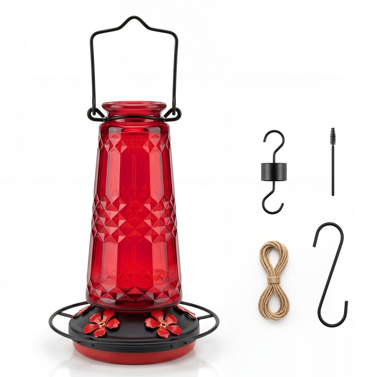 Glass Hummingbird Feeder for Outdoors Hanging – 24 Oz Nectar Feeder with 6 Feeding Ports, Ant Moat & Leak-Proof Design, 1 or 2 Pack, Red, Blue & Purple, Garden Patio Gift for Bird Lovers