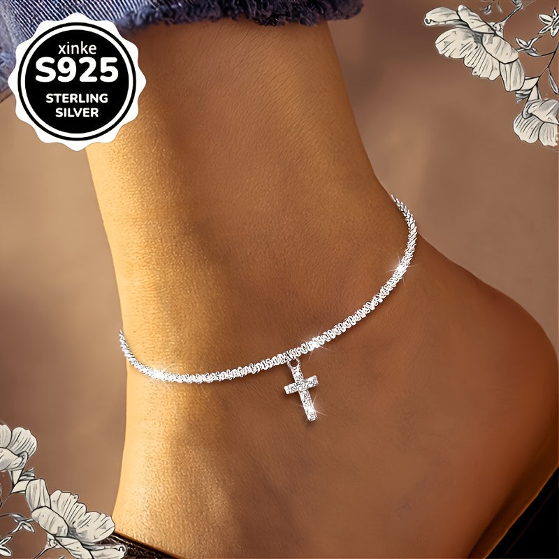S925 Sterling Silver Cross Anklet for Women – Dazzling Synthetic Diamond End, Bohemian Beach & Vacation Jewelry, Casual Outfit Accessory, Perfect Gift for Valentine's Day & Mother's Day