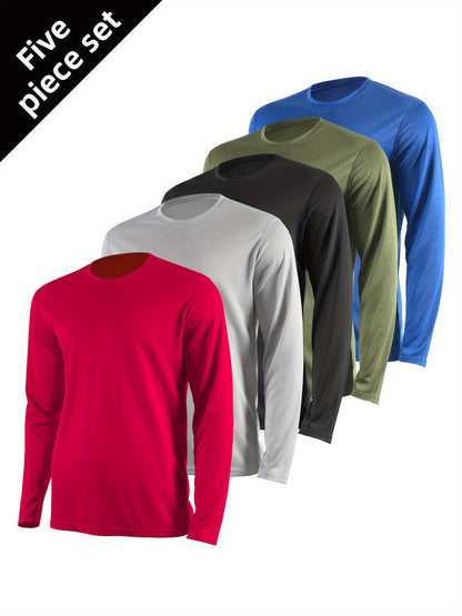 Men's Quick Dry Long Sleeve Shirts 5-Pack Moisture Wicking Breathable Athletic Workout Tops - Anti-Odor Stretchy Running Gym Training S-XXL