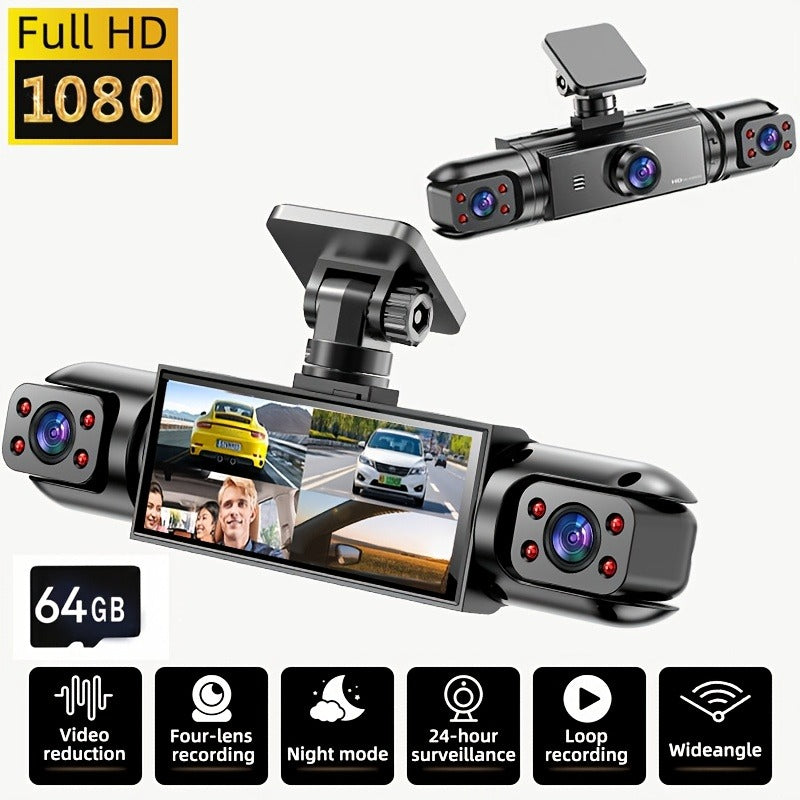 360° 4-Channel Dash Cam 1080P Full Coverage – Front 1080P + 720P Front/Rear/Left/Right, Night Vision WDR G-Sensor Loop Recording, Car Driving Recorder with Optional 32GB/64GB TF Card