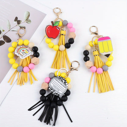 4-Piece Teacher Beaded Keychain Gift Set – Handmade Pencil Apple Notebook TEACH Charm Keychains with Lobster Clasp, Teacher's Day Graduation Back to School Gift, Bag Decoration Pendant