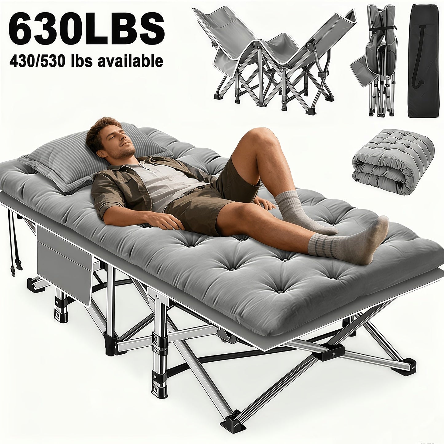 Heavy Duty Folding Bed with Optional Mattress up to 630 LBS – Portable Camping Cot with Multi-Leg Support, Side Pockets & Pillow, 59–77 Inch All Season Guest Napping Bed Space Saving