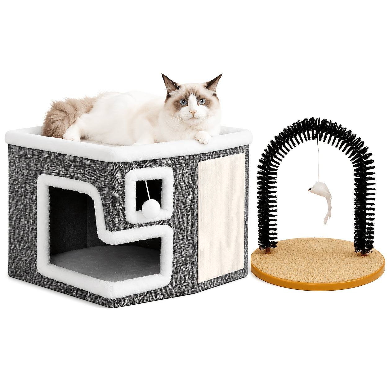 Luxury Multi-Level Cat House Indoor Outdoor 2-Layer Bed Toy Tunnel Foldable Sofa Cat Scratching Board Climbing Rope Soft Cushion Cat Play Cube Weatherproof Nylon Frame Cat Arch Stairs