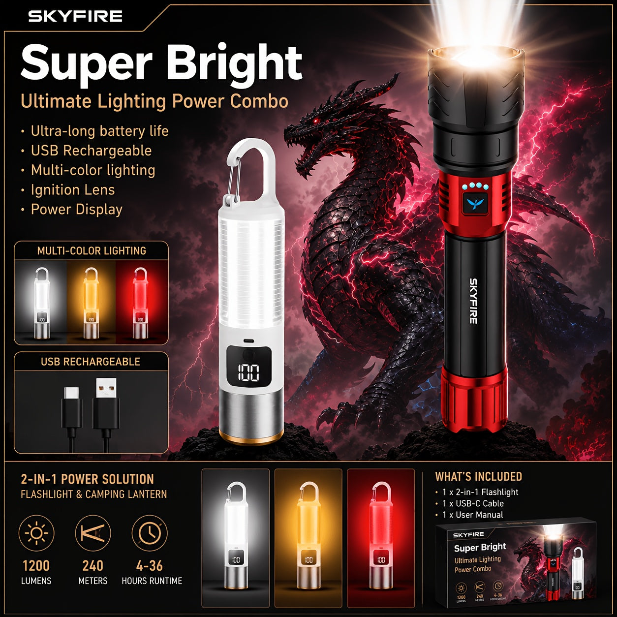 SKYFIRE 5000 Lumen LED Flashlight Rechargeable with Ignition Lens, Adjustable Focus & 4 Modes – Super Bright High Lumen Tactical Flashlight for Camping, Outdoor, Farm & Emergency Family Use