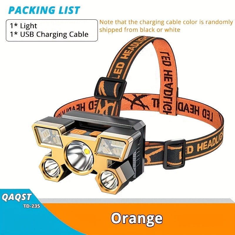 2 Pack Rechargeable LED Headlamp USB Charging 5 LEDs 4 Modes IP44 Waterproof with Adjustable Strap, Hands-Free Headlight for Camping Hiking Running Fishing Night Work - 2 Headlamps Included