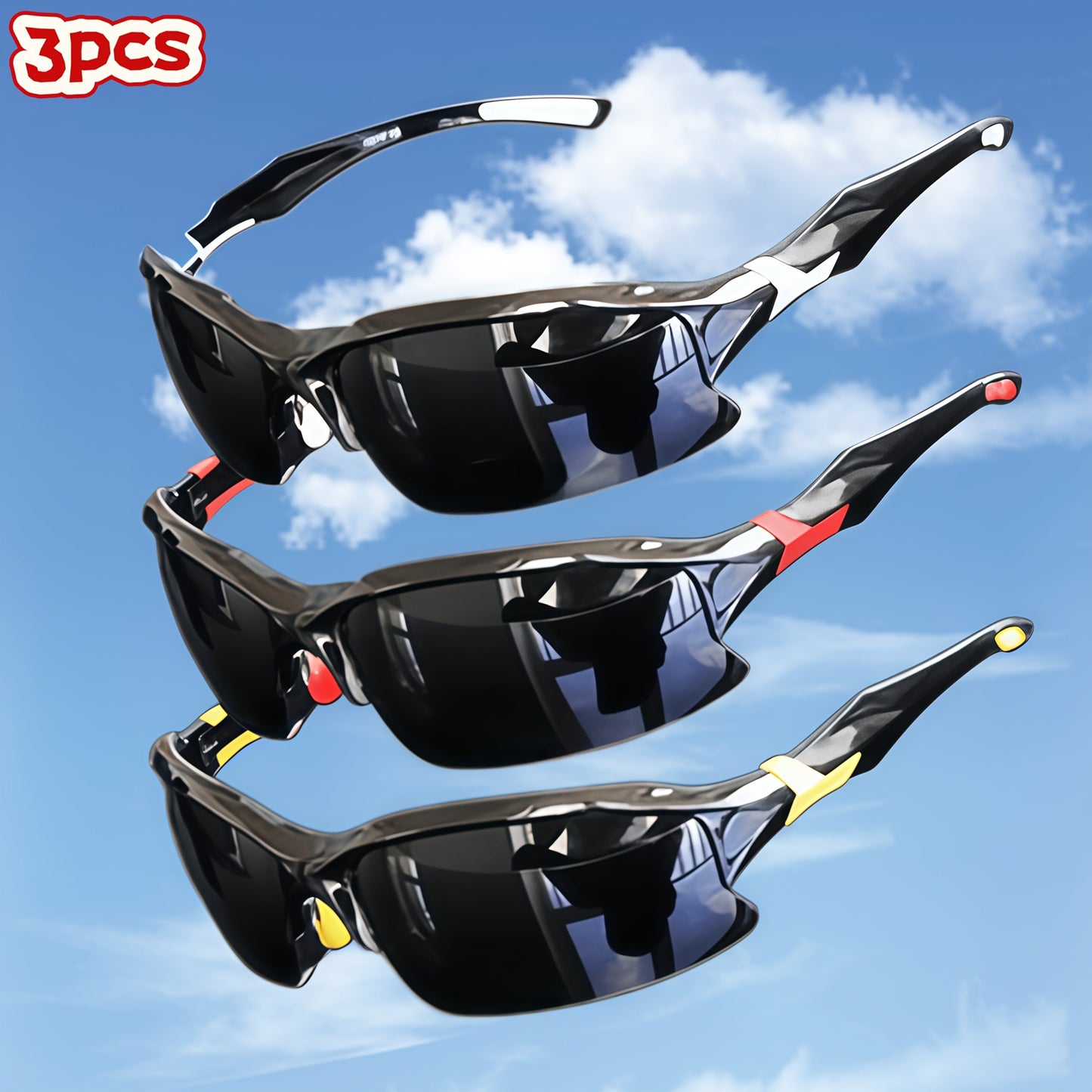 3 Pack Polarized Sunglasses UV400 Protection Unisex Outdoor Sports Eyewear for Cycling Running Fishing Driving Golf, Lightweight Frame Anti-Glare Lenses - Black Yellow Red Set