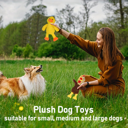 Plush Dog Squeaky Toys 5-Pack Bundle – Washable Stuffed Animal Chew Toys for Small Medium Large Dogs, Embroidered Safety Eyes, Animal Designs (Pig, Frog, Elephant, Chicken, Fox)