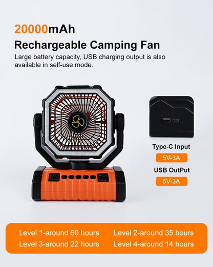 20000mAh Portable Camping Fan with LED Light – USB Rechargeable Outdoor Tent Fan for Hiking, Fishing & Camping – Durable Compact Design with Handle, Green & Orange