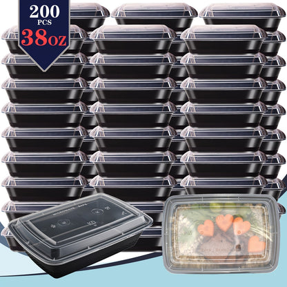 38oz Black Rectangular Meal Prep Containers 100/200 Pack Leakproof Stackable Disposable Food Storage Bento Box BPA Free Microwave Dishwasher Freezer Safe Takeout Lunch Picnic