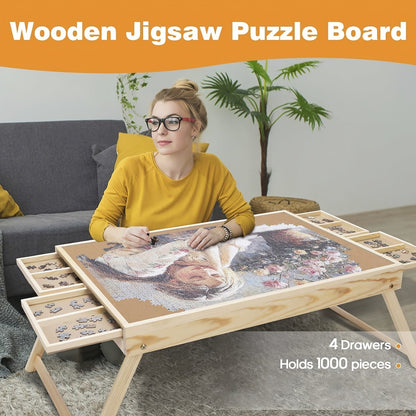 Wooden Puzzle Table with Folding Legs – 4 Drawers & 16 Sorting Grids for 1000 Piece Puzzles | Portable Puzzle Board for Storage & Organization, Home & School Supplies
