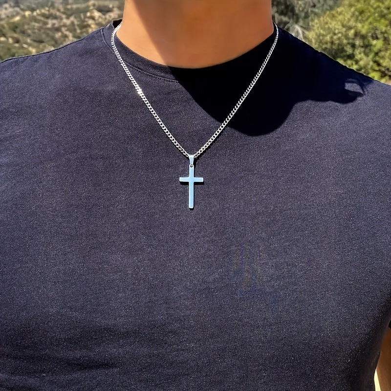 Men's Cross Pendant Necklace 18K Gold Plated Cuban Chain 304 Stainless Steel Minimalist Casual Jewelry Gift for Him Steel Gold