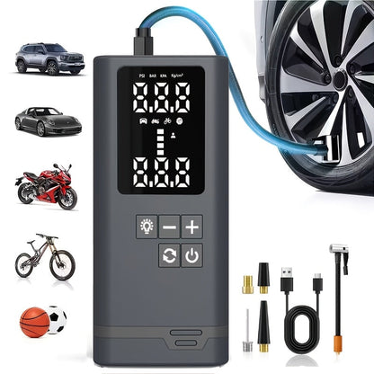 Portable Tire Inflator Air Compressor Wireless – USB Rechargeable, Digital Display, LED Light, Multi-Nozzle Adapter, Lithium Battery, Fits Car, Motorcycle, Bicycle, Sports Balls